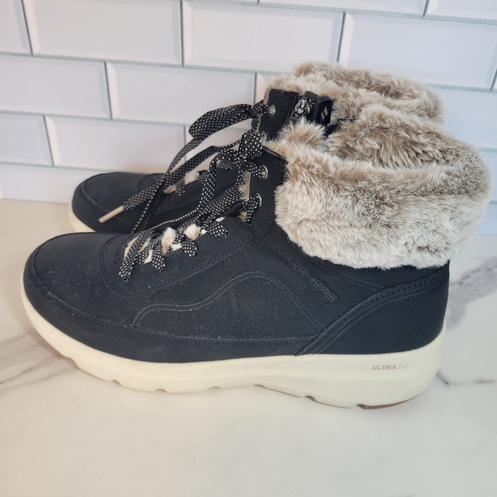 Skechers On-The-Go Joy Womens 9 Black Faux Fur Trim Winter Ankle Boots Ultra GO